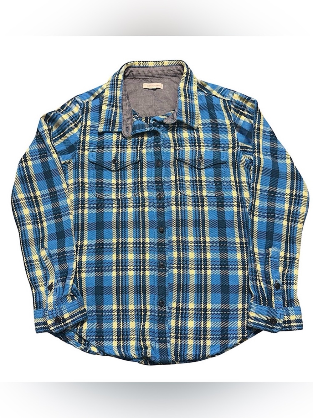 Outerknown Blanket Shirt Blue Wave Ventana Yellow Plaid Organic Cotton Size XS/S